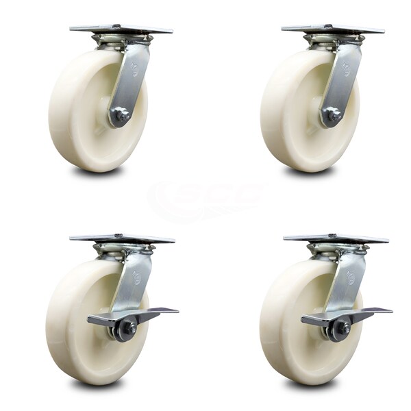 8 Inch Nylon Swivel Caster Set with Ball Bearings 2 Brakes